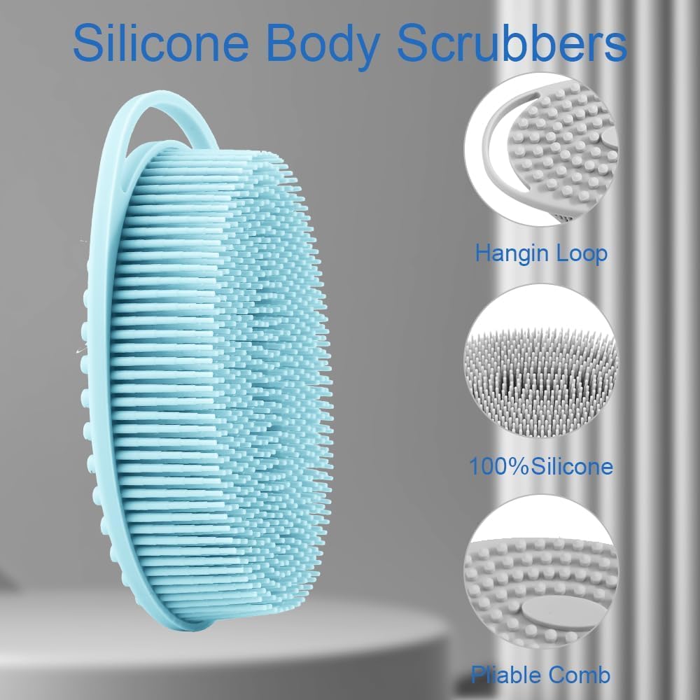 Soft Silicone Body Scrubber 2 PCS Silicone Body Shower, Silicone Loofah 2 in 1 Bath and Shampoo Brush, Body Scrubber Shower Cleaning Exfoliating Use for Sensitive Skin, Lather Well(Black and Pink)
