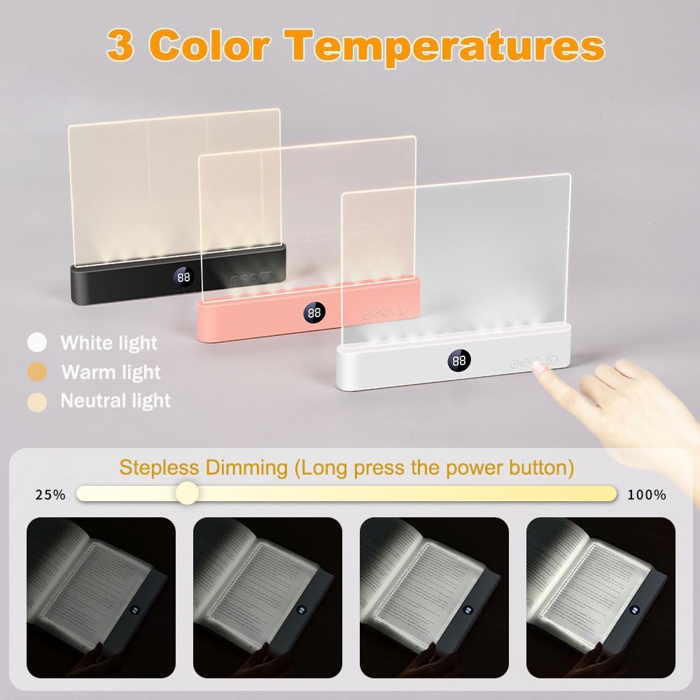 Book Light, Rechargeable Clear LED Flat Reading Light with 3 Colors & Timer, Dimmable Panel Plate Lamp Book Full Page Light for Reading in Bed at Night, Funny Gifts for Readers Kids Women Men (White)