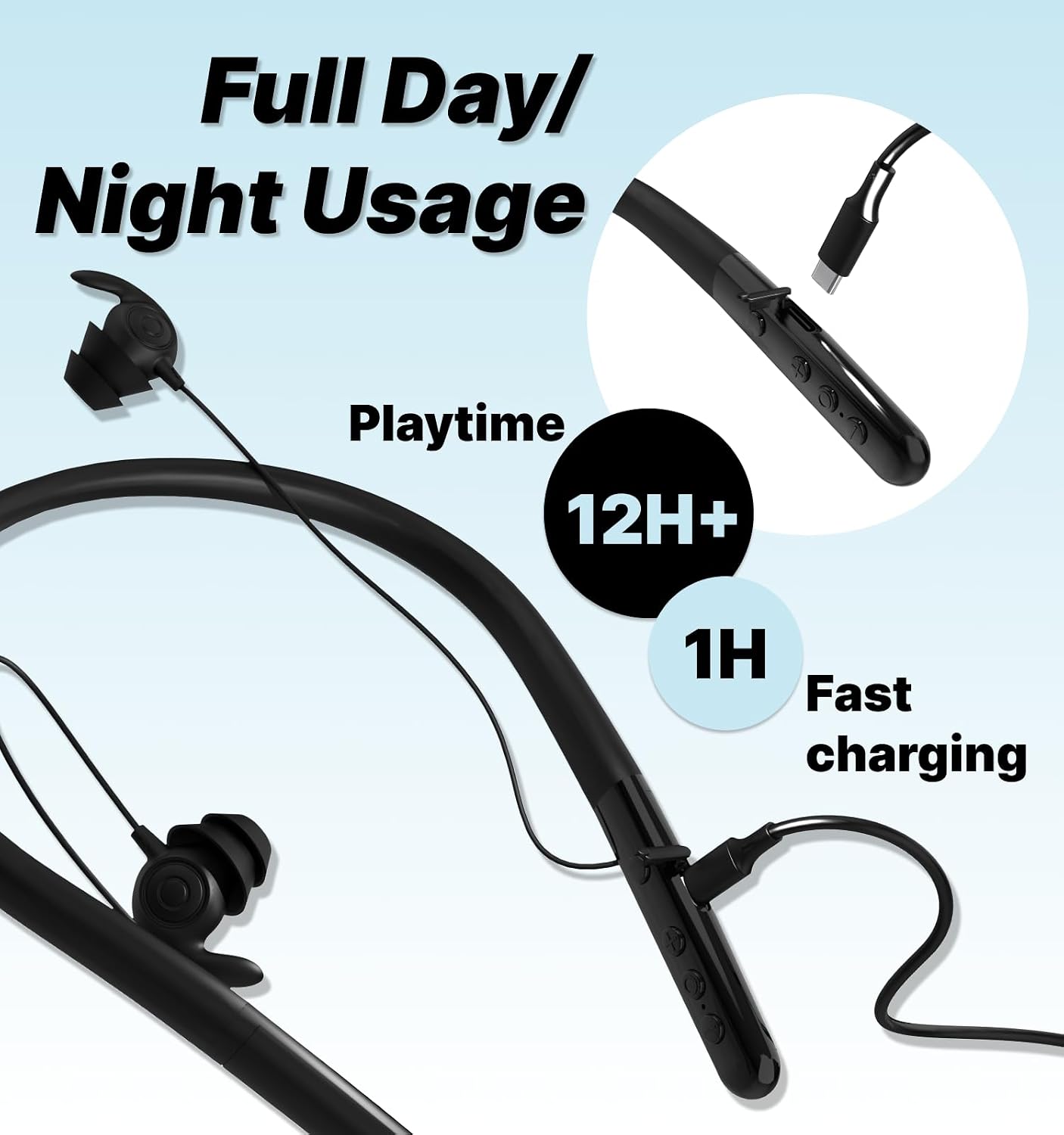 Hmusic HS88 Sleep Earbuds for Side Sleepers – Ultra-Thin Silicone Neckband Headphones, 30dB Noise Isolation, 12H Battery Life with Sleep Timer, Secure Fit for Yoga, Travel, Audiobooks & Meditation