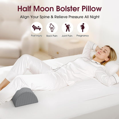 TranquilRelax Knee Pillow for Back Sleeping Memory Foam Half Moon Bolster Pillow for Legs, Under Knee Support, Ankle & Foot Comfort Orthopedic Pillow for Side Sleepers (Grey, 20.4" x 8" x 4.9")