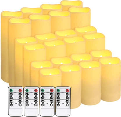 24 Pcs LED Flameless Candles with Remote, 3D Flickering Flame & LED String Lights, Acrylic Clear Cylinder, Timer Function, Romantic Ambience for Home Decor, Party, Wedding (Ivory).