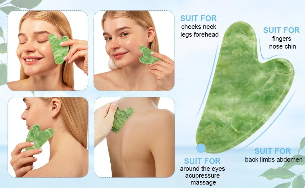 Jade Roller & Gua Sha Set 5-in-1, Full Body Massage Tools | Cool natural Xiuyan jade for depuffing facial massage, portable travel skincare kit, ideal stocking stuffer gifts for women