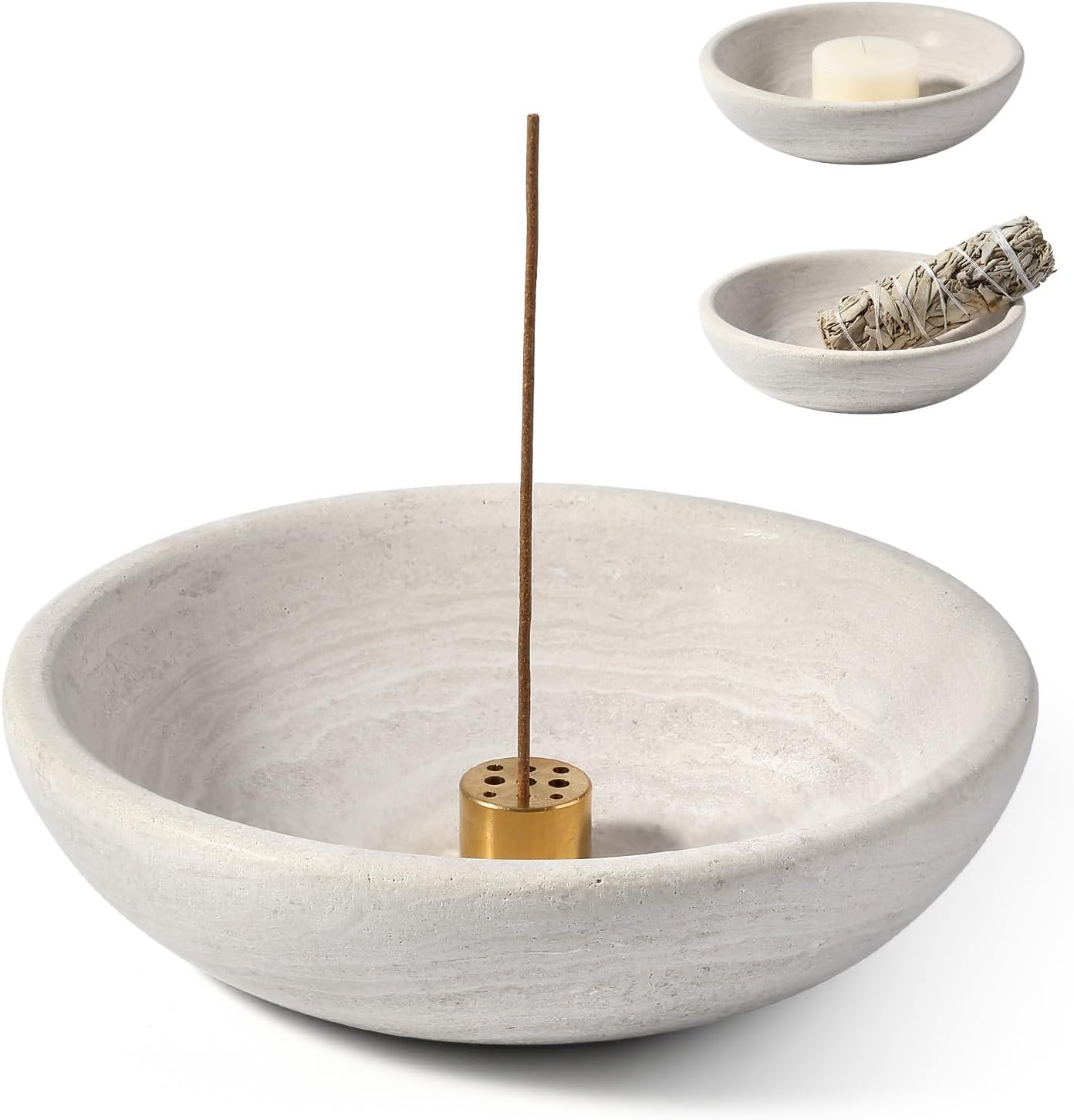 Koville Natural Marble Incense Holder, Incense Holder for Sticks with 9 Holes, Handmade Incense Burner Ash Catcher for Meditation Yoga SPA, Balsam Fir/Palo Santo/Sage/Cone (White)
