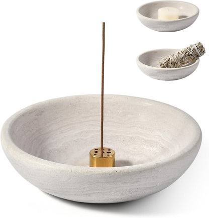 Koville Natural Marble Incense Holder, Incense Holder for Sticks with 9 Holes, Handmade Incense Burner Ash Catcher for Meditation Yoga SPA, Balsam Fir/Palo Santo/Sage/Cone (White)