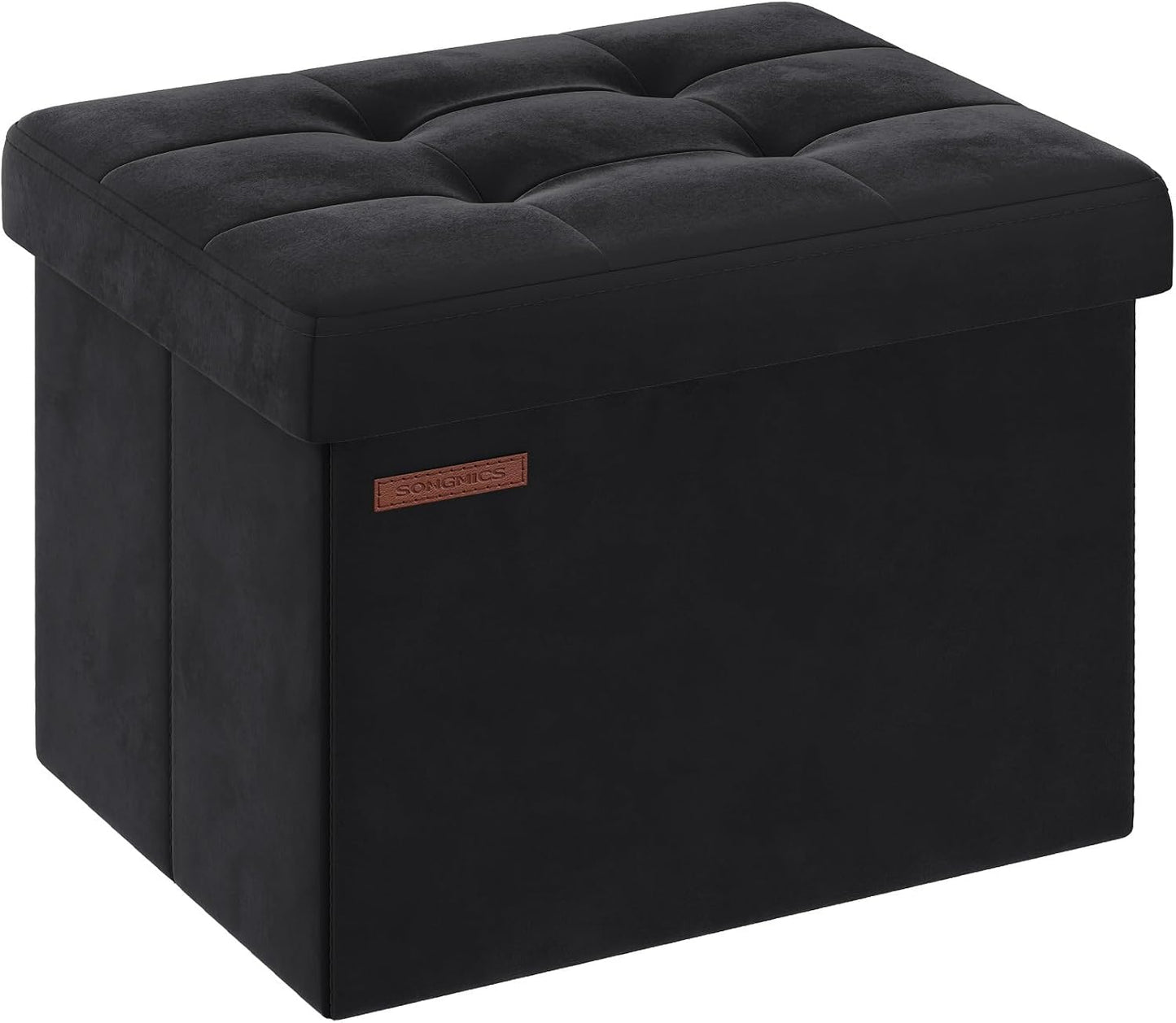 SONGMICS Small Folding Storage Ottoman, Foot Rest Stool, Cube Footrest, Synthetic Leather, 12.2 x 16.1 x 12.2 Inches, 286 lb Capacity, for Living Room, Bedroom, Dorm, Ink Black ULSF100B01