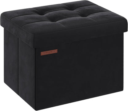 SONGMICS Small Folding Storage Ottoman, Foot Rest Stool, Cube Footrest, Synthetic Leather, 12.2 x 16.1 x 12.2 Inches, 286 lb Capacity, for Living Room, Bedroom, Dorm, Ink Black ULSF100B01