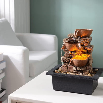 Haobos Indoor Tabletop Fountain 3-Tier Rockery Relaxation, Soothing Sound Home/Office/Bed Room Decor,Gifts for Mom/Grandma Relaxing Waterfall Meditation Tabletop Fountain LED Lights