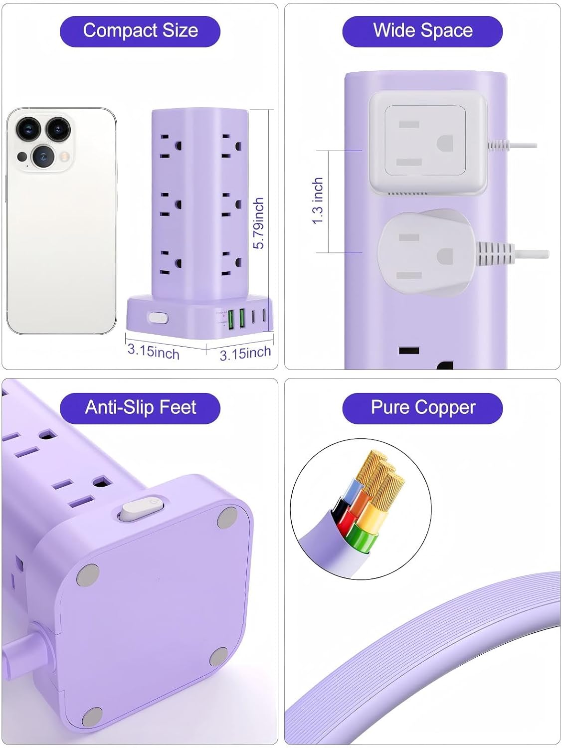 6FT Power Strip Tower Surge Protector, 12 Wide Spaced Outlets, 4 USB