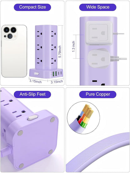 6FT Power Strip Tower Surge Protector, 12 Wide Spaced Outlets, 4 USB