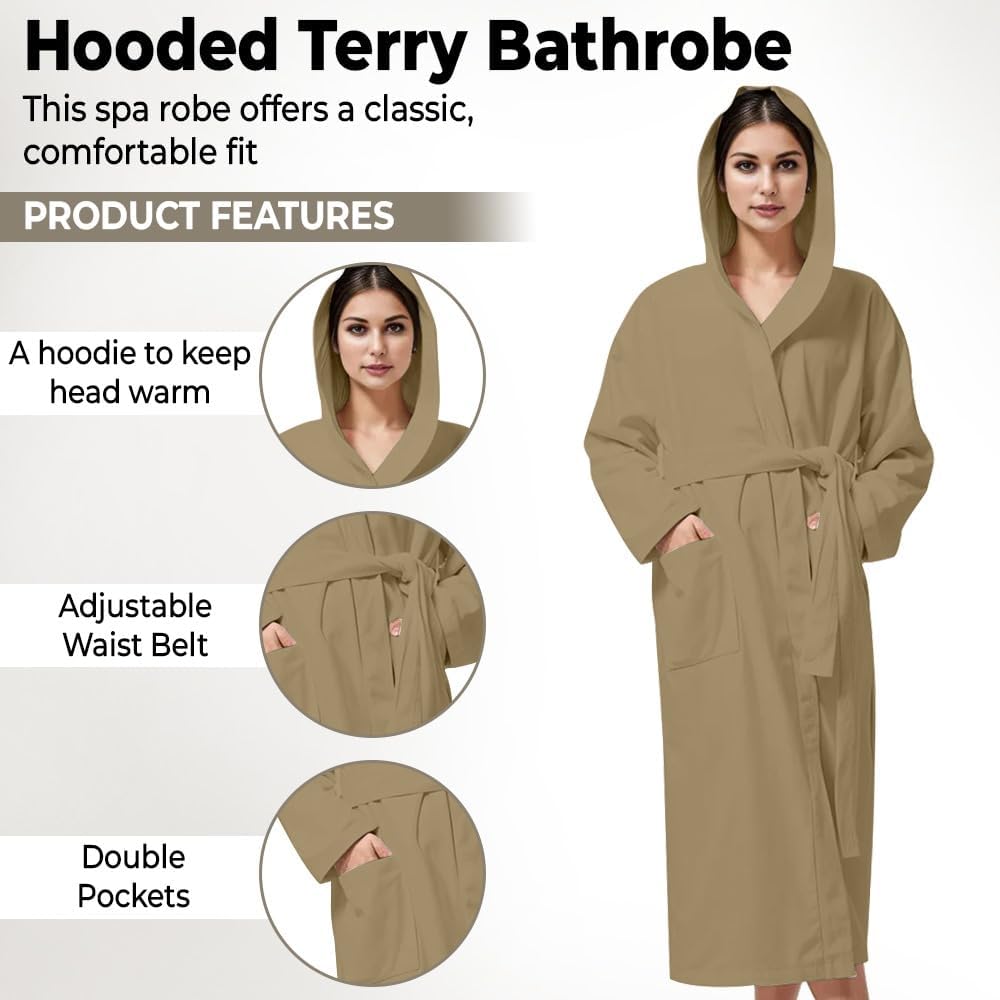 KAHAF COLLECTION Women Hooded 100% Cotton Terry Bathrobe, Soft Absorbent Quick Dry Robe for Spa, Shower & Home Wear
