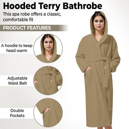 KAHAF COLLECTION Women Hooded 100% Cotton Terry Bathrobe, Soft Absorbent Quick Dry Robe for Spa, Shower & Home Wear