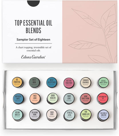 Edens Garden Top Essential Oil Blends Sampler 18 Set – 100% Pure Therapeutic Grade, Natural, Undiluted Aromatherapy Scents for Diffusers & Humidifiers – Wellness Gift for Men & Women, .92 ml/ 18 Pack