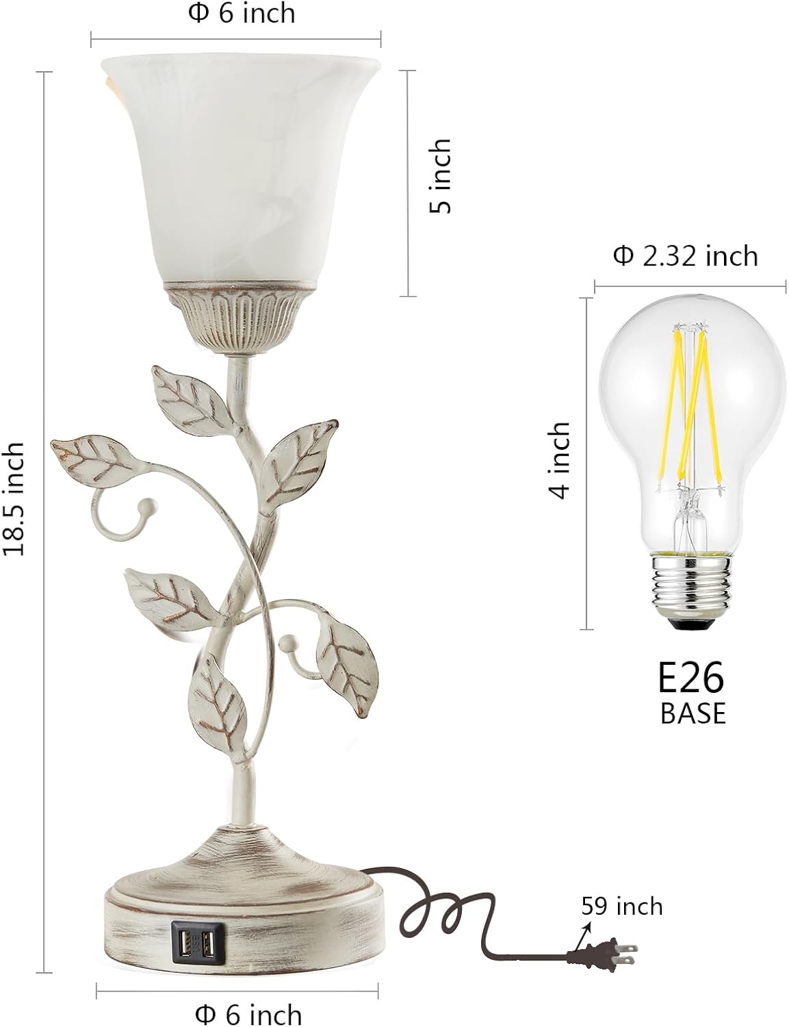 Touch Control Table Lamp with 2 USB Charging Ports, 3-Way Dimmable Bedside Nightstand Lamps, Amber Glass Shade Vintage Rural Leaf Lamp for Living Room, Bedroom, Dresser, LED Bulb Included (Bronze)