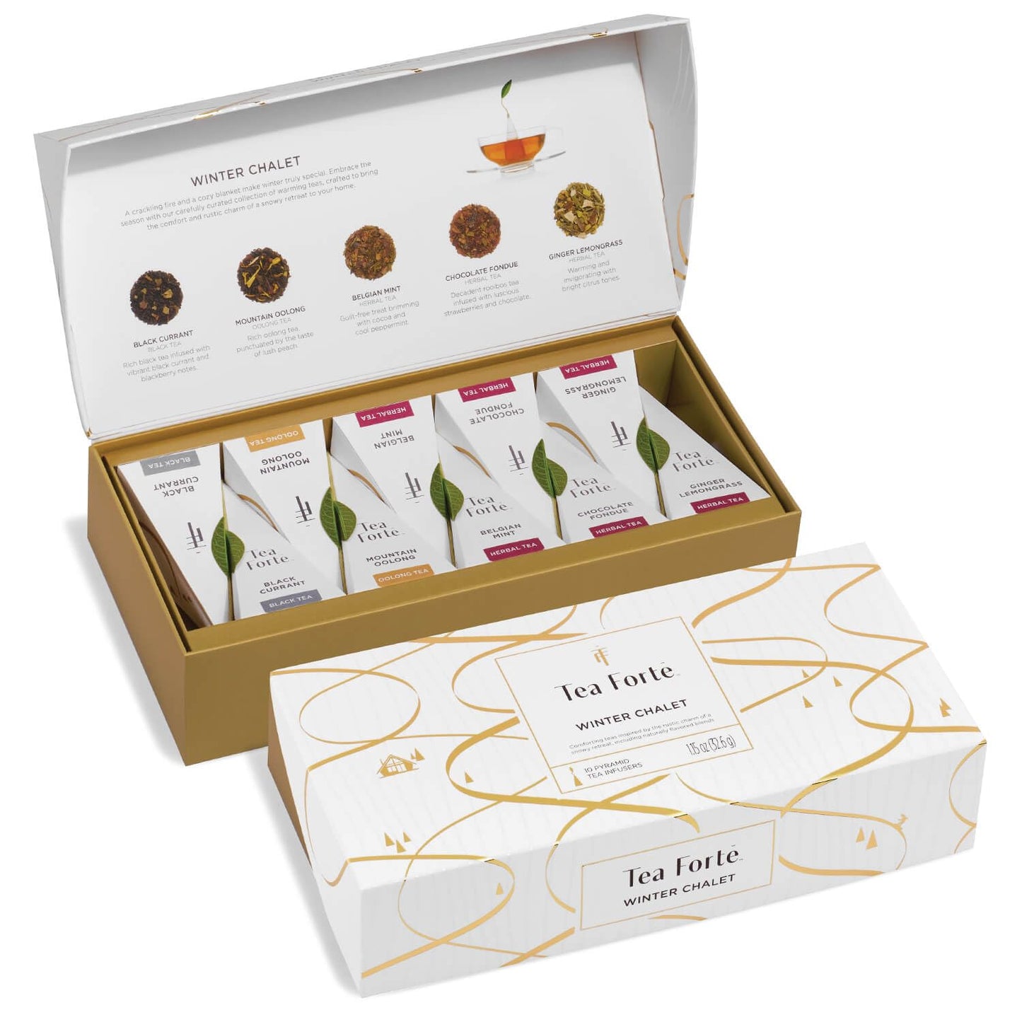 Tea Forte Premium Petite Presentation Box Gift Set Sampler, 10 Count, 2 of Each Blend Individually Wrapped Handcrafted Pyramid Infuser Bags, Demoiselle Tea