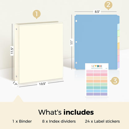 SKYDUE 1 Inch 3 Ring Binder with 8 Tab Dividers & 24 Labels, Pastel Binder Organizer for Letter Size Paper, Aesthetic School Binder for Notes, Documents, Office & Home Organization, Purple