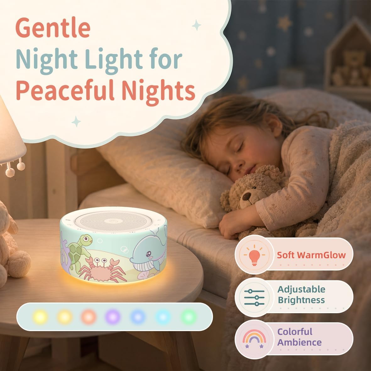 Kipcush White Noise Machine for Baby & Adults, 30 Soothing Sounds, Soft Non-Glare Nursery Lamp, 8 Color Night Lights, Memory Function (Angel V1 White, Standard)