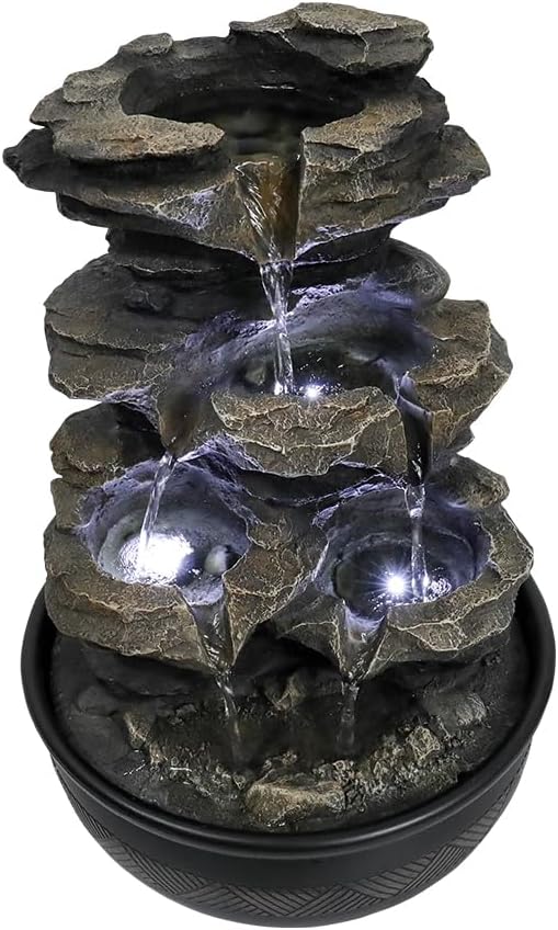 8.3” H Indoor Zen Tabletop Water Fountain, Rock Cascading Waterfall with Spinning Crystal Ball & LED Light for Home Office Decor