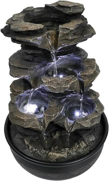8.3” H Indoor Zen Tabletop Water Fountain, Rock Cascading Waterfall with Spinning Crystal Ball & LED Light for Home Office Decor