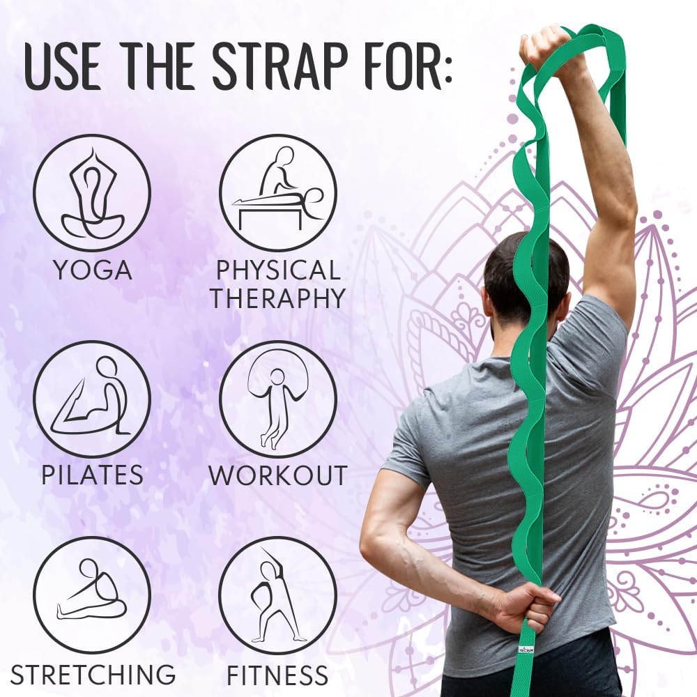 TECEUM Stretching Strap with 10 Loops for Physical Therapy & Rehab | Non-Elastic Yoga Stretch Band for Hamstring, Leg, Hip & Knee Rehab, Pilates, Flexibility & Mobility Exercises for Men & Women