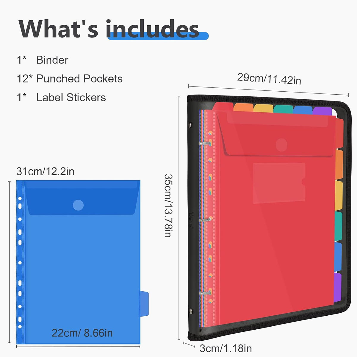 Uquelic Document Organizer, Soft PVC 3 Ring Binder with 12 Pockets