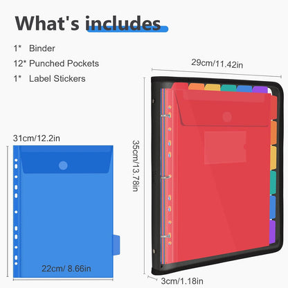Uquelic Document Organizer, Soft PVC 3 Ring Binder with 12 Pockets