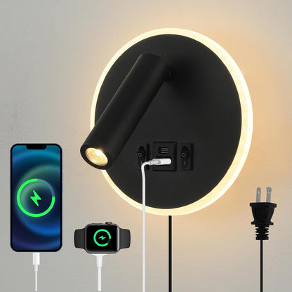 Plug in Wall Lamps for Bedroom Living Room, Wall Mounted Reading Lights with USB C+A Charging Ports, Headboard Lamp 360°Rotation, Wall Mount Lamp with 3 Color Temperature 3W+9W Night Light