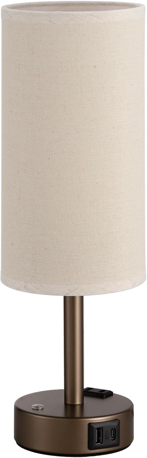 Touch Bedside Table Lamp with Memory - Stepless Dimmable Lamp for Bedroom, Small Nightstand Lamp with Dual USB Charging Ports and AC Outlet, Wood Night Light, Desk Lamp for Nursery, Living Room, Dorm