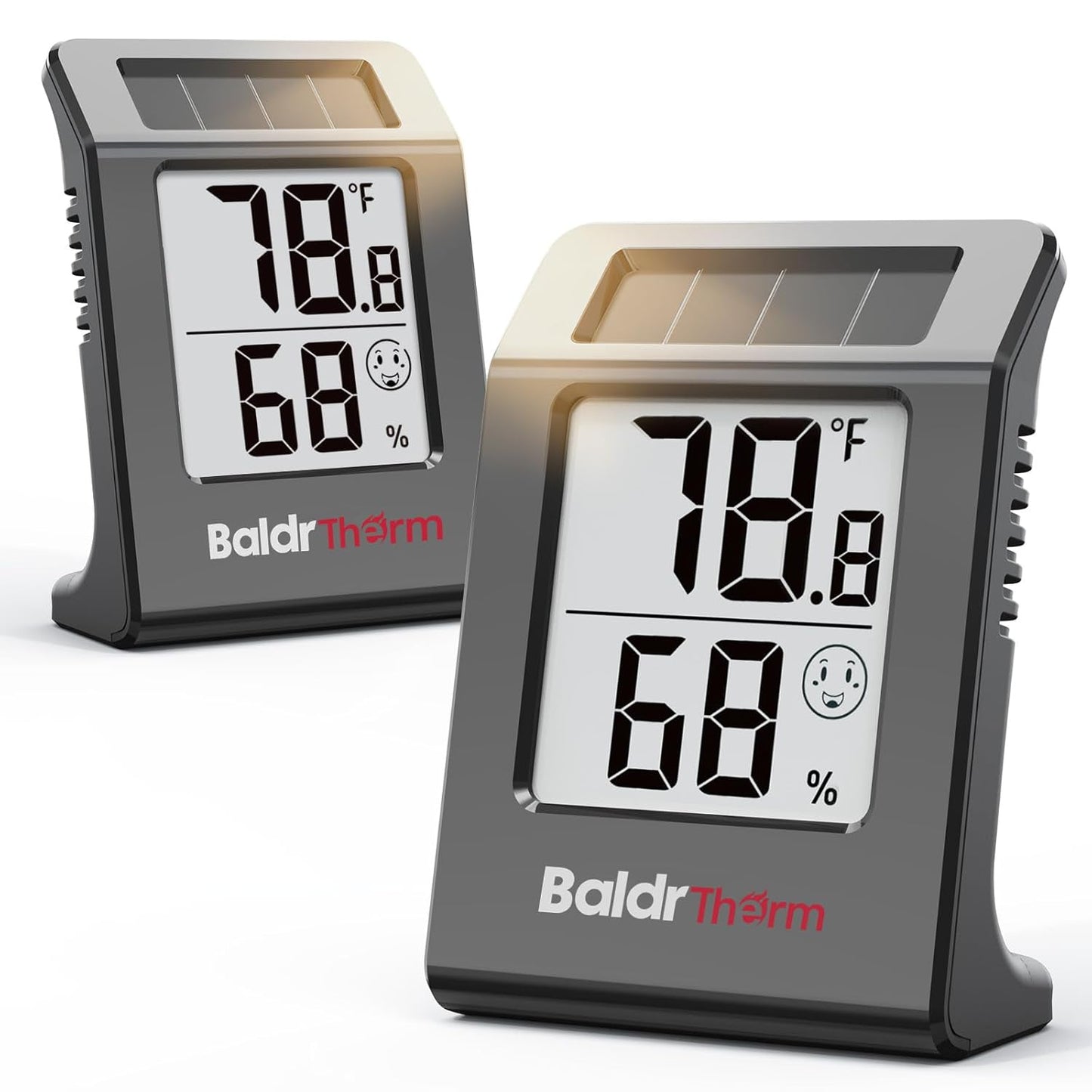 BALDR 4-Pack Digital Hygrometer Thermometer, Solar Power with Battery Backup Temperature and Humidity Monitor, Mini Room Thermometer with Comfort Indicator (White)