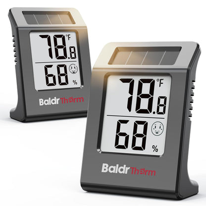 BALDR 4-Pack Digital Hygrometer Thermometer, Solar Power with Battery Backup Temperature and Humidity Monitor, Mini Room Thermometer with Comfort Indicator (White)