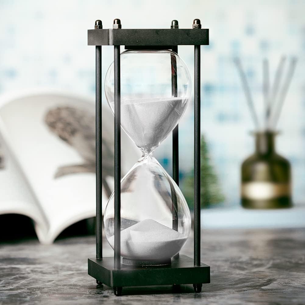 Hourglass Timer 60 Minute, Black Wooden Frame Decorative Sand Timer (Black Sand, Large Size)