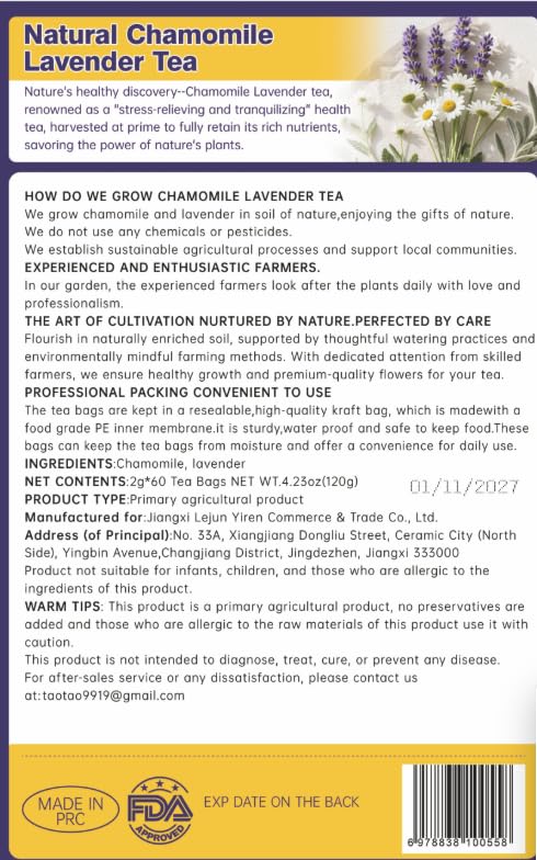 WOTIHA 60 Count Premium Chamomile Lavender Tea Bags - 100% Pure Flowers, Soothing Aroma, Supports Relaxation & Better Sleep, Caffeine-Free, Additive-Free, Sugar-Free, Vegan.Non-GMO