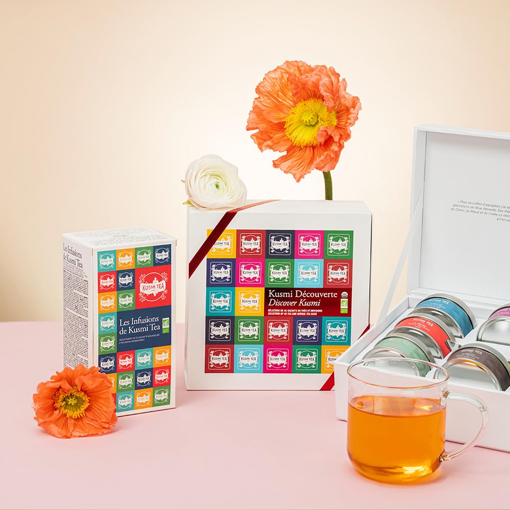 Kusmi Tea - Organic Herbal Tea Gift Set - Sampler Assortment Variety Box - Gift Idea for Men and Women - Caffeine-Free Teas - Hibiscus Tea, Chamomile Tea, Rooibos - 8 Recipes - 24 Tea Bags