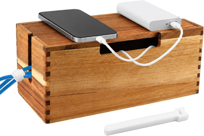 Acacia Wood Cable Management Box,Office Under Desk Cable Storage Box for Wire, Cord Hider Organizer for Power Strip, Electrical Hiding, TV Wires, Desk & Floor Cables