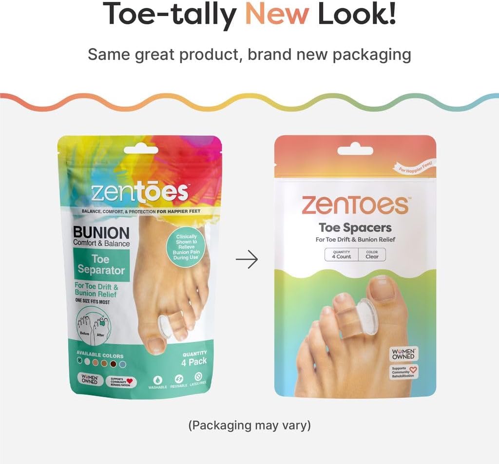 ZenToes Gel Toe Separators for Overlapping Toes, Bunions, Big Toe Alignment, Corrector and Spacer - 4 Pack (White)