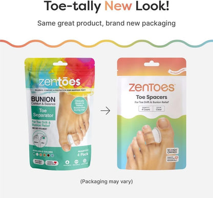 ZenToes Gel Toe Separators for Overlapping Toes, Bunions, Big Toe Alignment, Corrector and Spacer - 4 Pack (White)