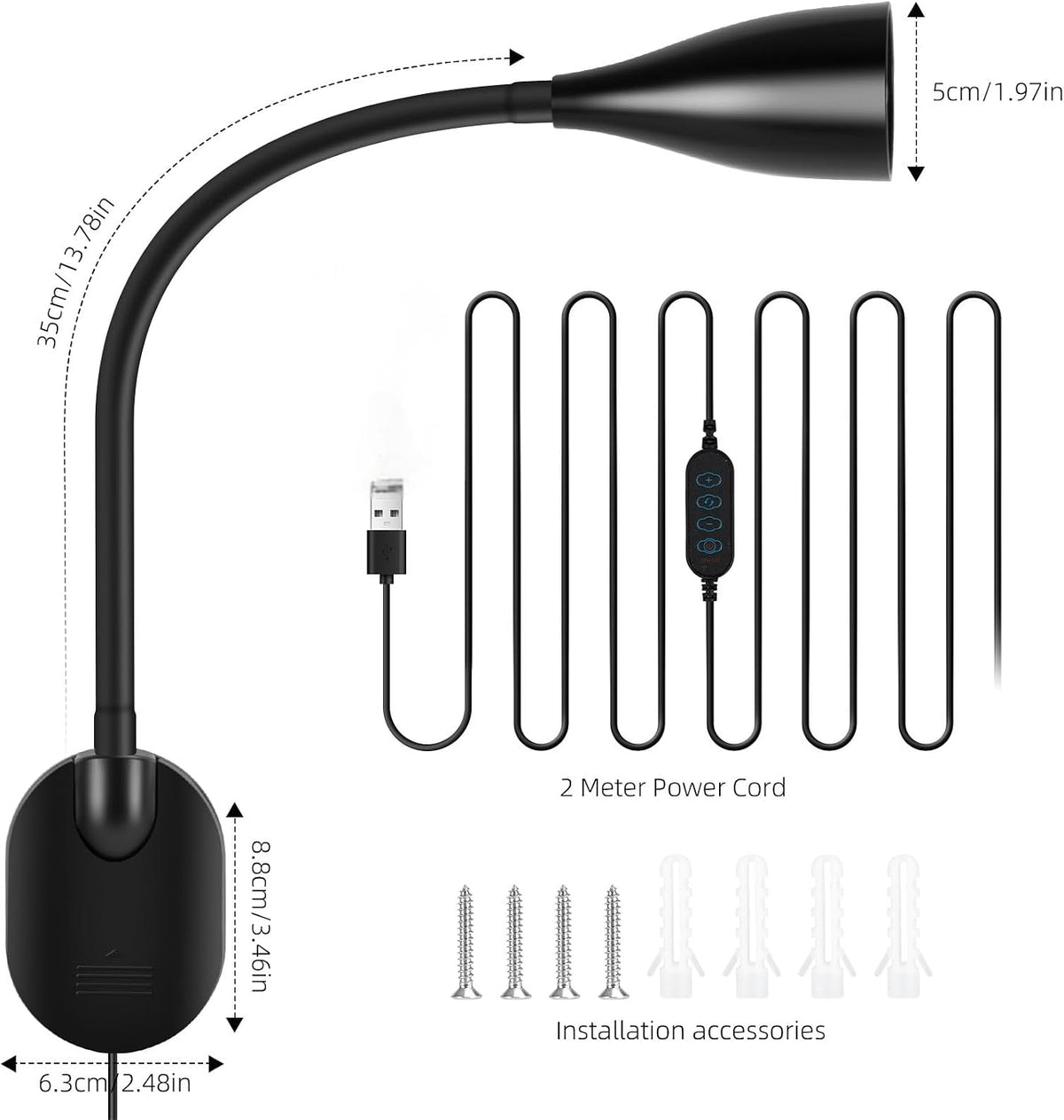 LiFMIRA Wall-Mounted LED Bedside Reading Light USB Charging Port Black