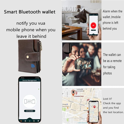 Anti-Lost Bluetooth Wallet Tracker Finder, Slim Trifold Cowhide Mens Wallet with ID Window Credit Card Holder Pocket (Coffee2-OLD)