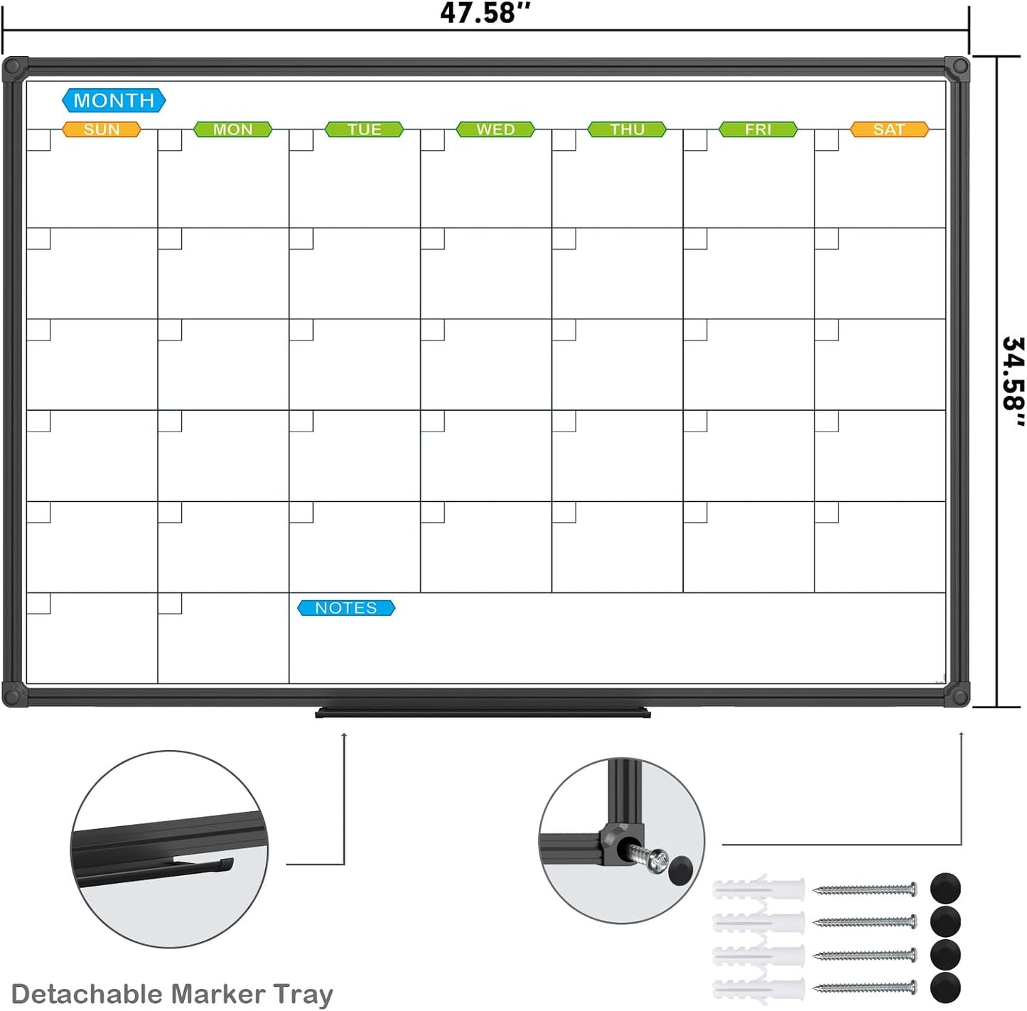 JILoffice Magnetic Dry Erase Calendar Whiteboard, 4 Month White Board Planner 36 X 24 Inch, Black Aluminum Frame Wall Mounted Board for Office Home and School