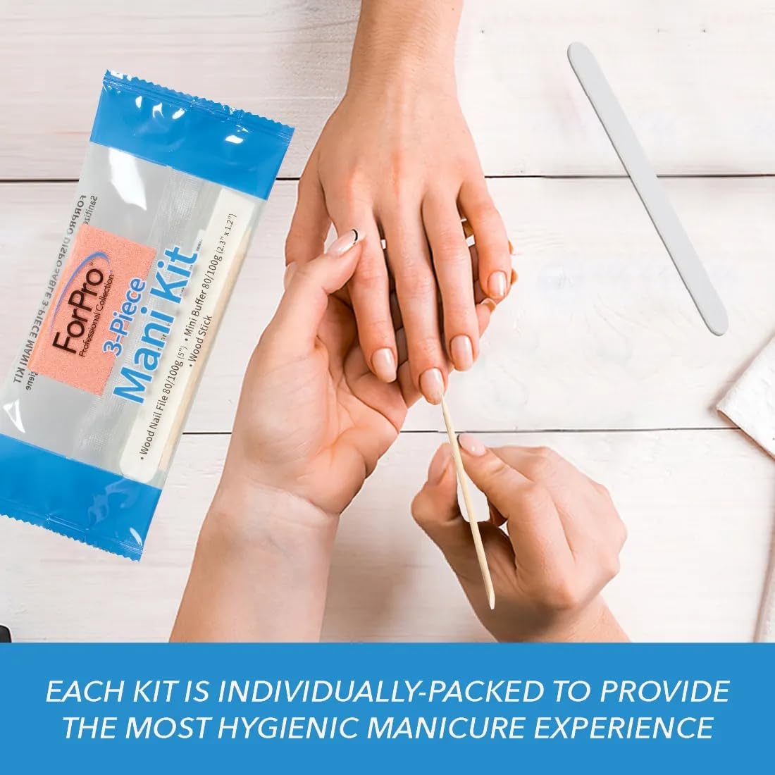 ForPro 3-Piece Mani Kit, 100-Count, Individually-Packed Manicure Set, White Wood Nail File 80/100 Grit, Orange Mini Buffer 80/100 Grit, Wood Stick