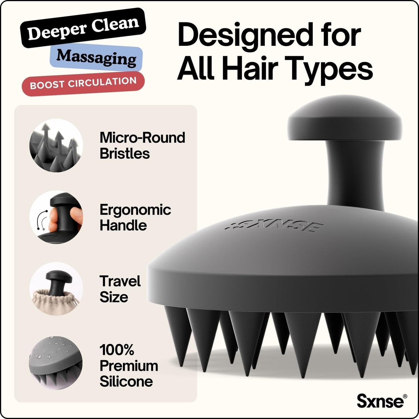 SXNSE - Revive Silicone Scalp Massager, Arctic - Manual Hair & Scalp Scrubber for Dandruff, Buildup, Itch, & Hair Growth - Soft Exfoliating Silicone Bristles for Wet & Dry Hair, Flake-Free Finish