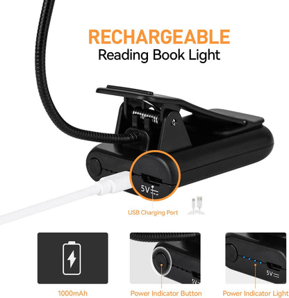 VAVOFO Amber Rechargeable Reading Light, Blue Light Blocking Book Light, 7 LEDs Eye Care 9 Colors 9 Brightness Clip On for Kids Bookworms Reading in Bed with Power Indicator Lasting 70h (Black)