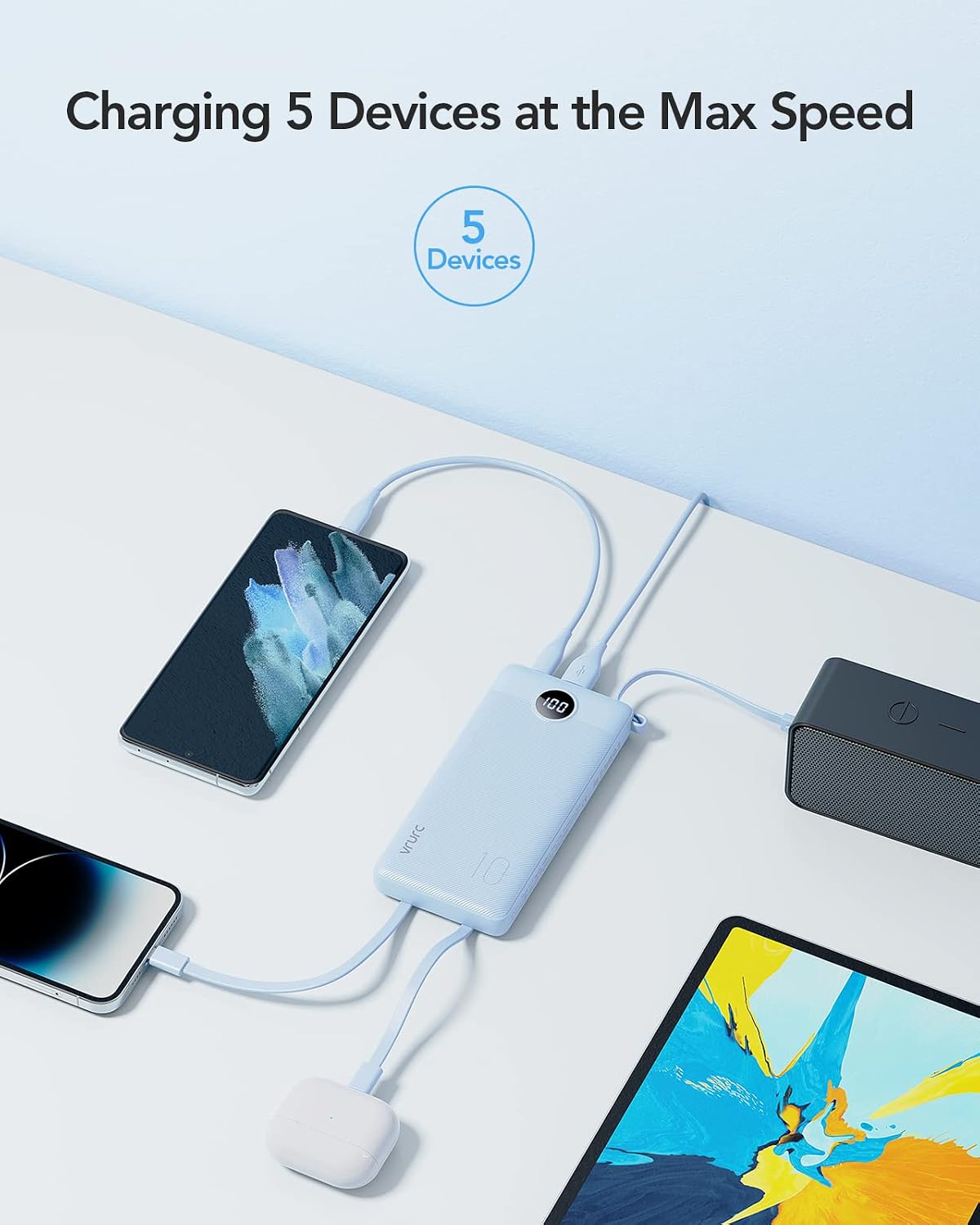 VRURC Portable Charger, Slim Power Bank Built-in 4 Cables, Travel Essential