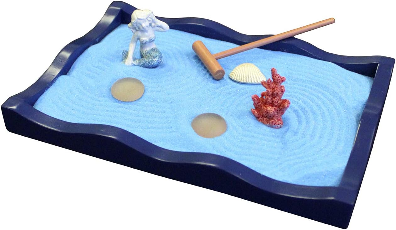 Nature's Mark Mini Zen Garden Kit for Desk with Rake, White Sand, Lotus Figure, 3 Sections Black Square Base, River Rocks and Black Rocks (9Lx9W C)