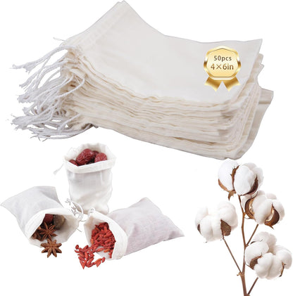 50pcs Spice Bags,4x6 In Muslin Bags with Drawstring