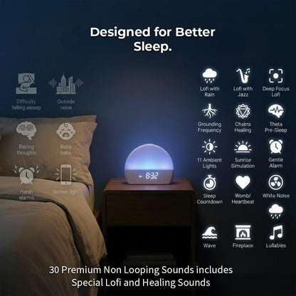 White Noise Sound Machine Sunrise Alarm Clock – 30 Non-Looping Soothing Sleep Sounds with LoFi and Healing Music| 10-Color Ambient Light & Sunlamp | No App Screen Free Sleep for Baby Adults Kids