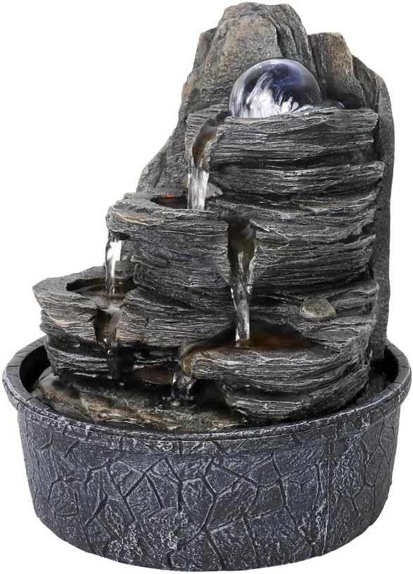 8.3” H Indoor Zen Tabletop Water Fountain, Rock Cascading Waterfall with Spinning Crystal Ball & LED Light for Home Office Decor