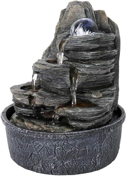 8.3” H Indoor Zen Tabletop Water Fountain, Rock Cascading Waterfall with Spinning Crystal Ball & LED Light for Home Office Decor