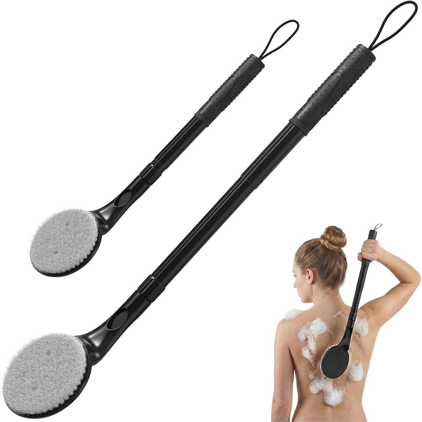Back Scrubber for Shower with Long Handle, Dual-Sided Bath Brush for Wet & Dry Brushing, Soft & Stiff Bristles Body Exfoliator, Adjustable Detachable Shower Brush for Back, Legs & Feet