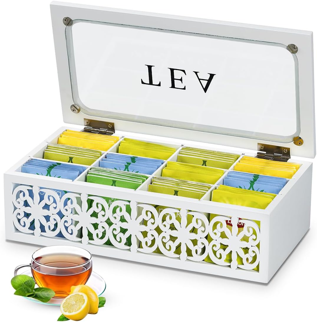 Tea Box,Wood Tea Organizer and Storage,12 Compartments Teas Bag Holder Organizer with Clear Window for Countertop Kitchen Cabinet Pantry (Smoky)