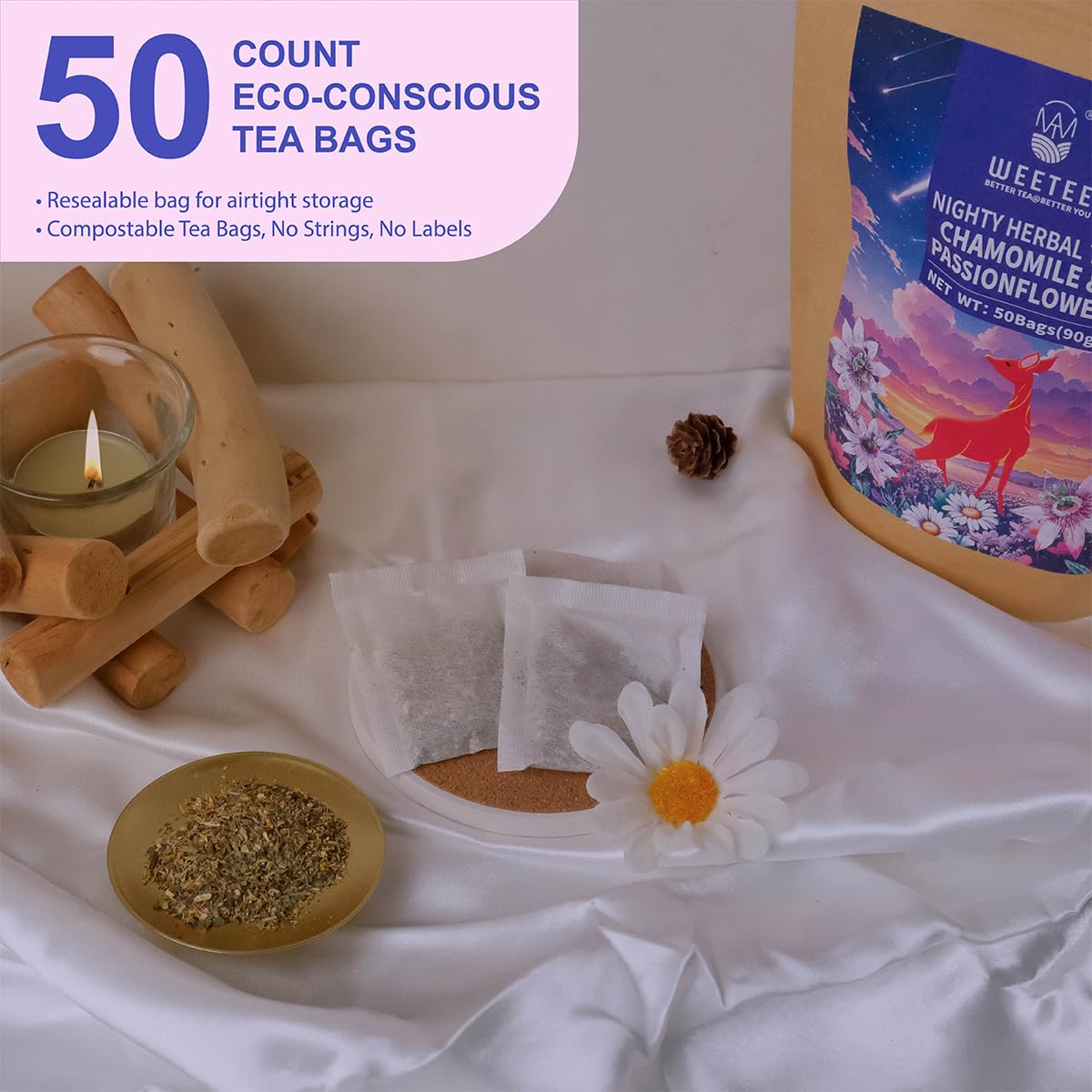 WT WEETEE Chamomile & Passionflower Nighty Herbal Tea Bags 50ct for Bedtime